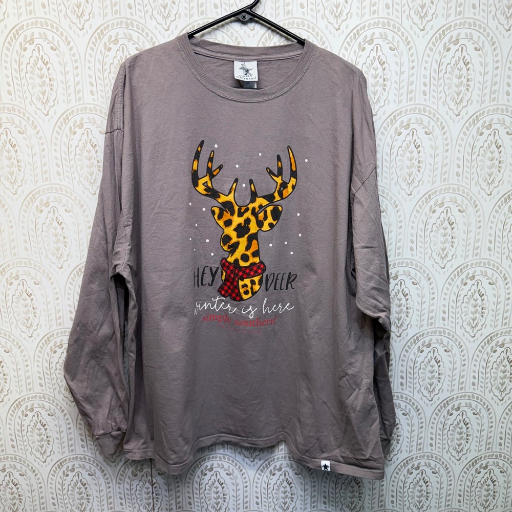 Simply Southern Graphic Tee Women XXL Mauve Hey Deer Winter Is Here Long Sleeve